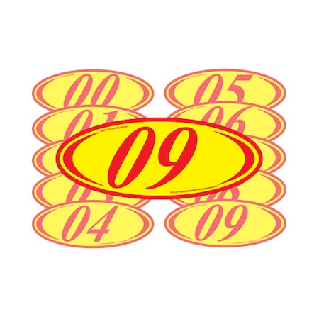 Red & Yellow Two Digit Oval Year Model Signs: 20 Pk